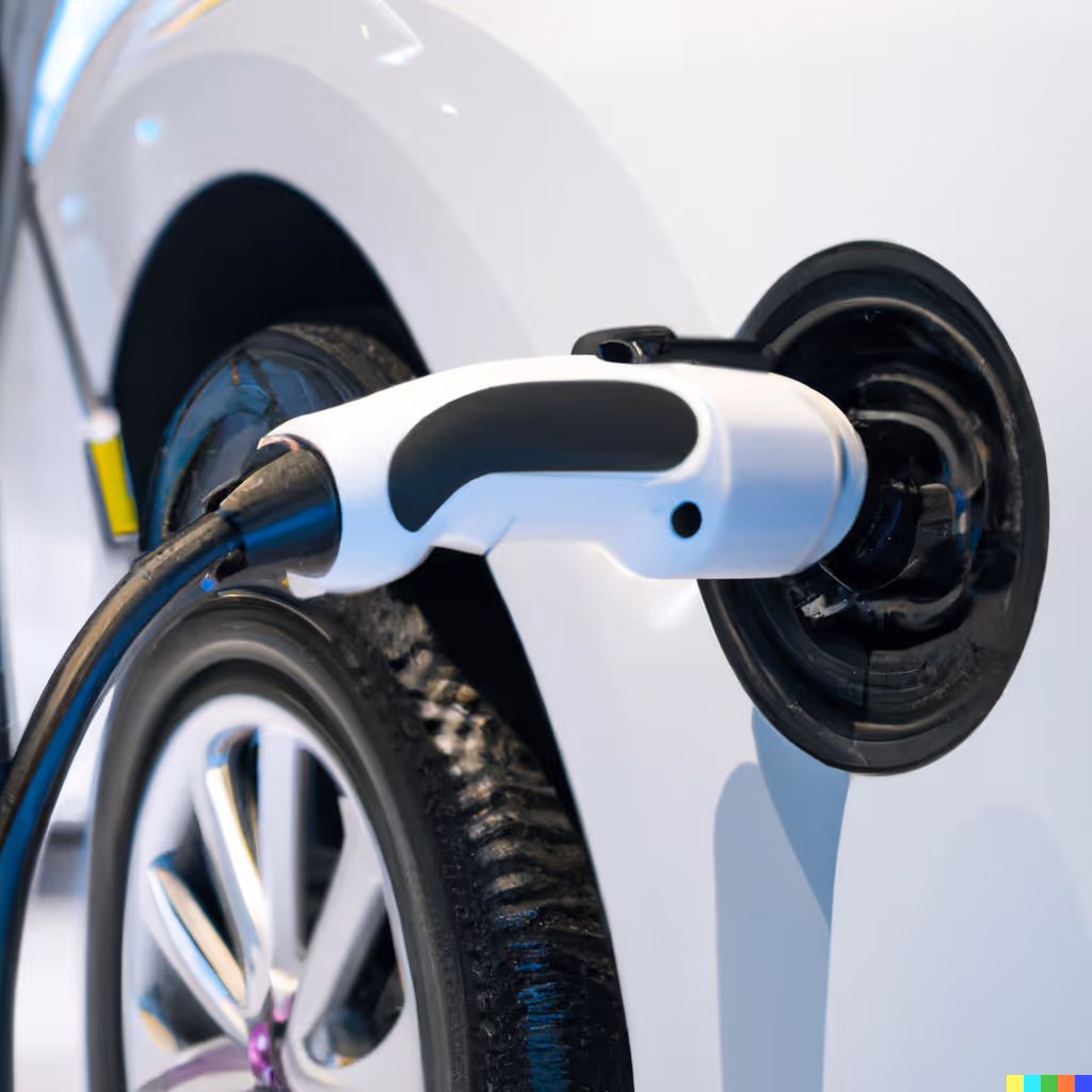 Close up of an electric vehicle charging cable plugged into a white EV.